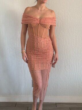 ASOS body flattering pink/peach mesh with pearl embellishment Dress